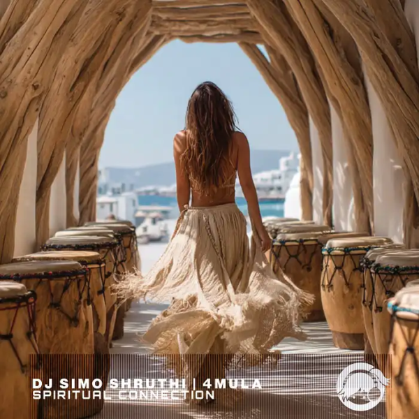 Back view of a woman in a flowing beige skirt walking through a wooden archway toward a sunny seaside town; bottom text reads 'DJ Simo Shuthi | 4MULA SPIRITUAL CONNECTION'